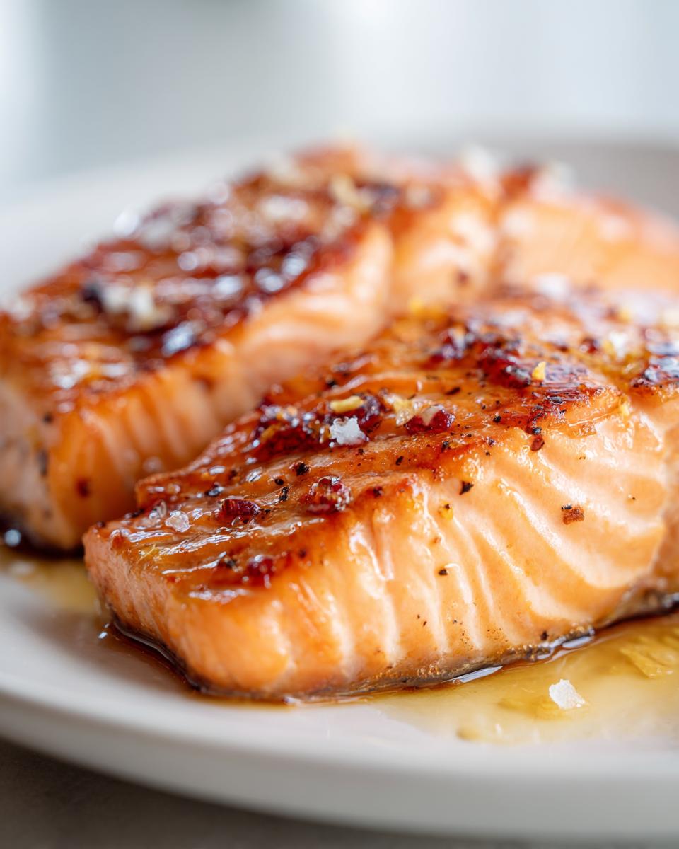 Close-up of two perfectly cooked salmon fillets with a glistening glaze and seasoning, part of quick salmon recipes.