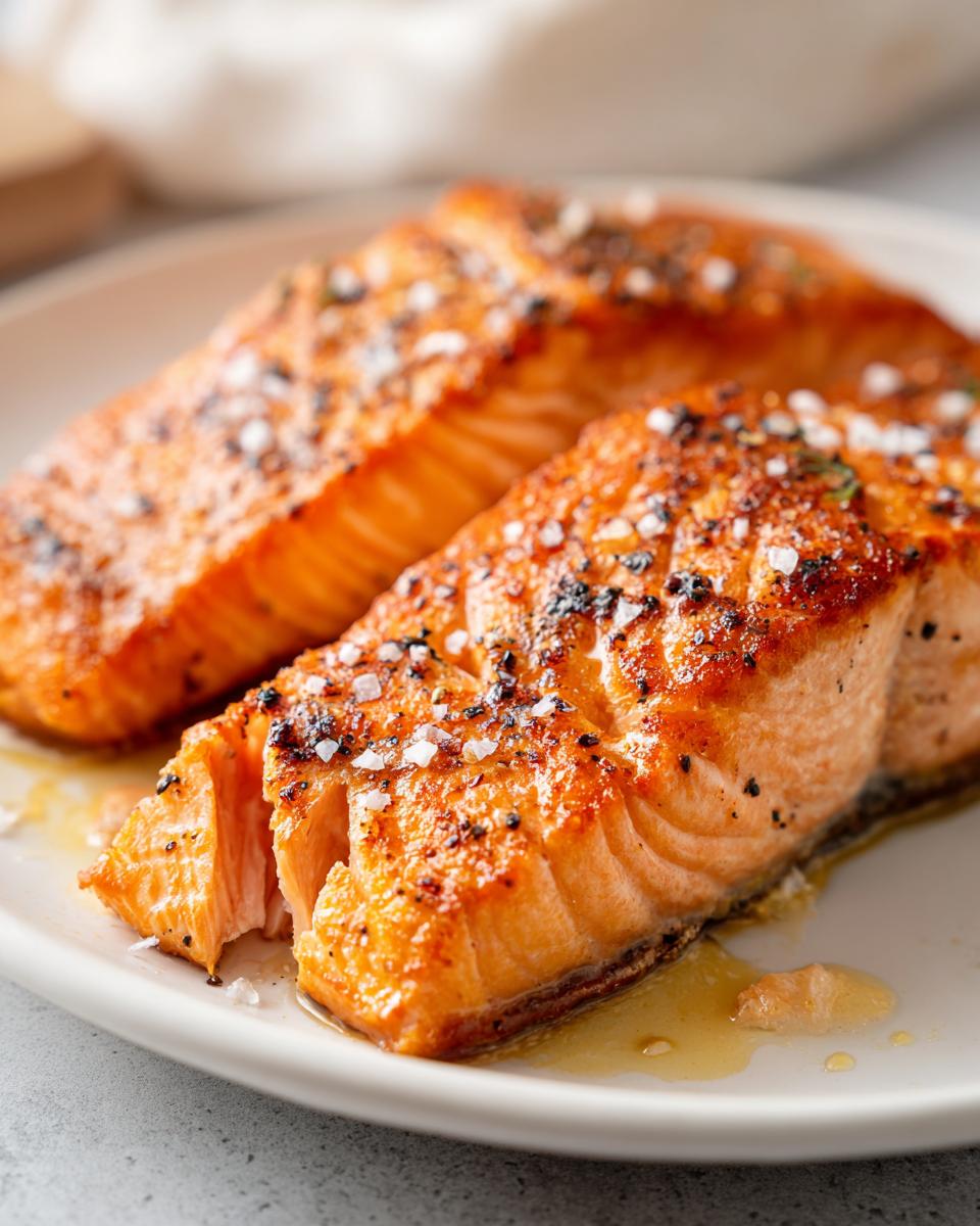 Close-up of two golden-brown salmon fillets seasoned with salt and pepper, ready for quick salmon recipes.