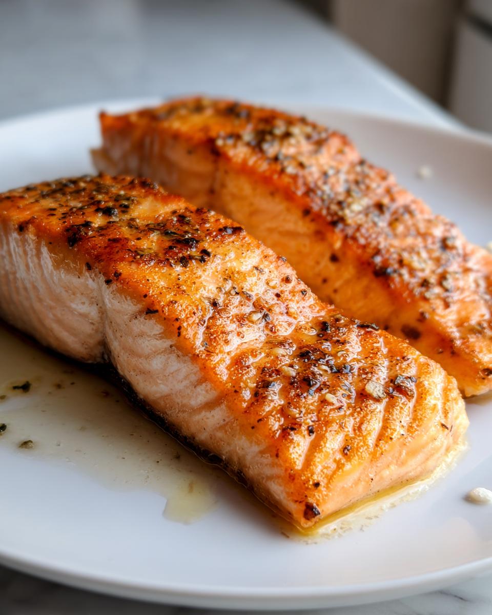 Two perfectly cooked salmon fillets seasoned with herbs and spices, ready to be served as part of quick salmon recipes.