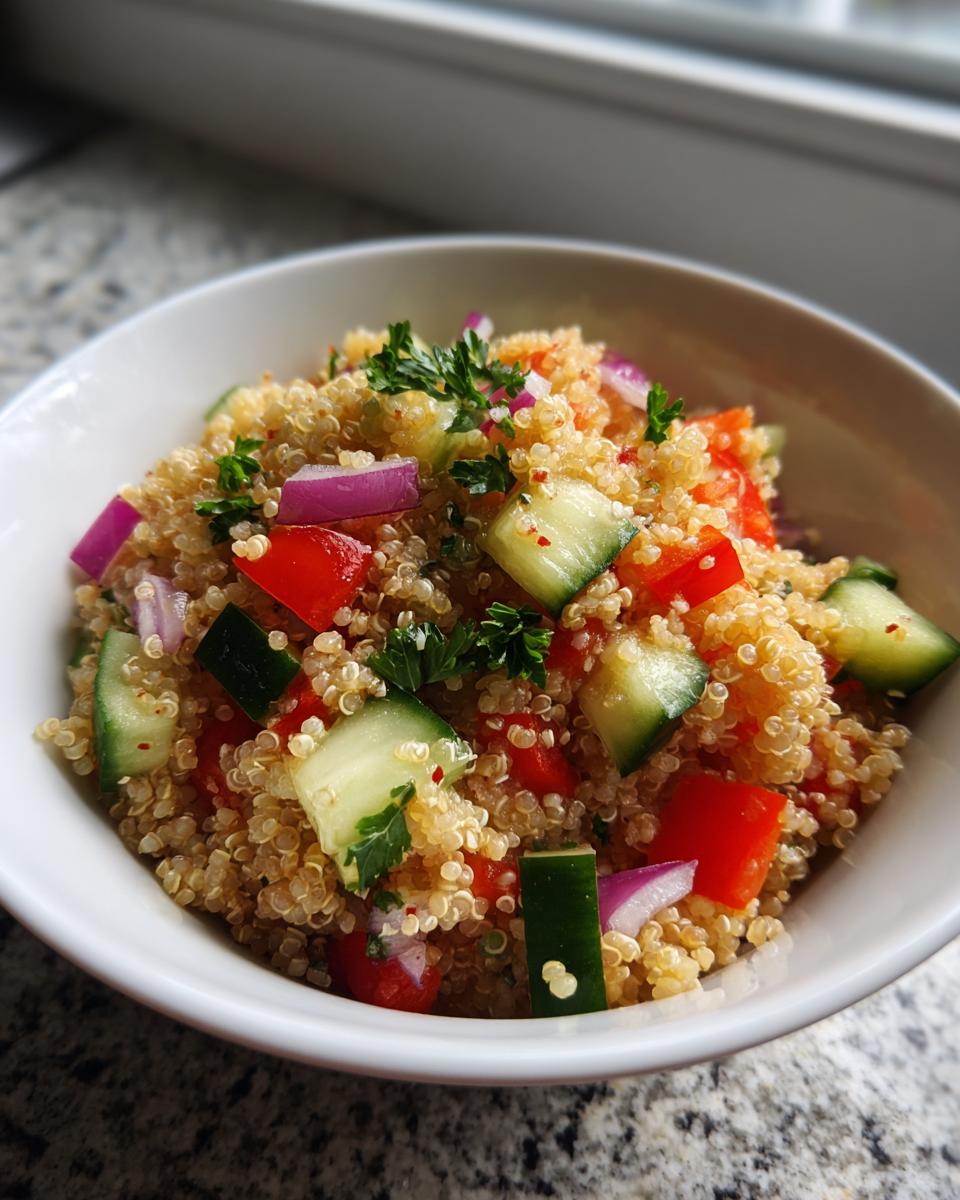A vibrant bowl of quinoa salad with cucumber, red bell pepper, red onion, and parsley, perfect for healthy meals.