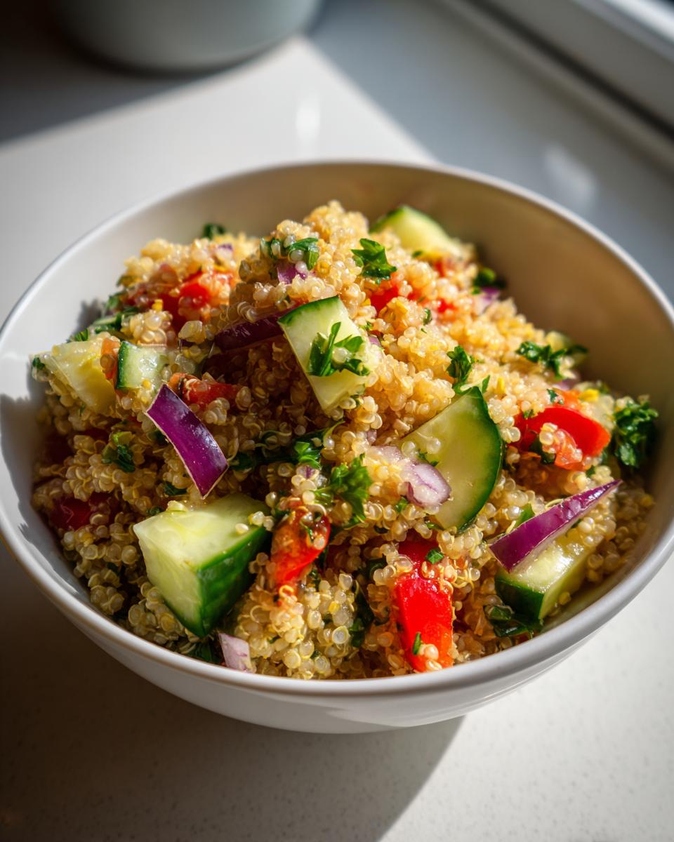 A refreshing bowl of quinoa salad with cucumber, red onion, bell peppers, and parsley, perfect for healthy meals.