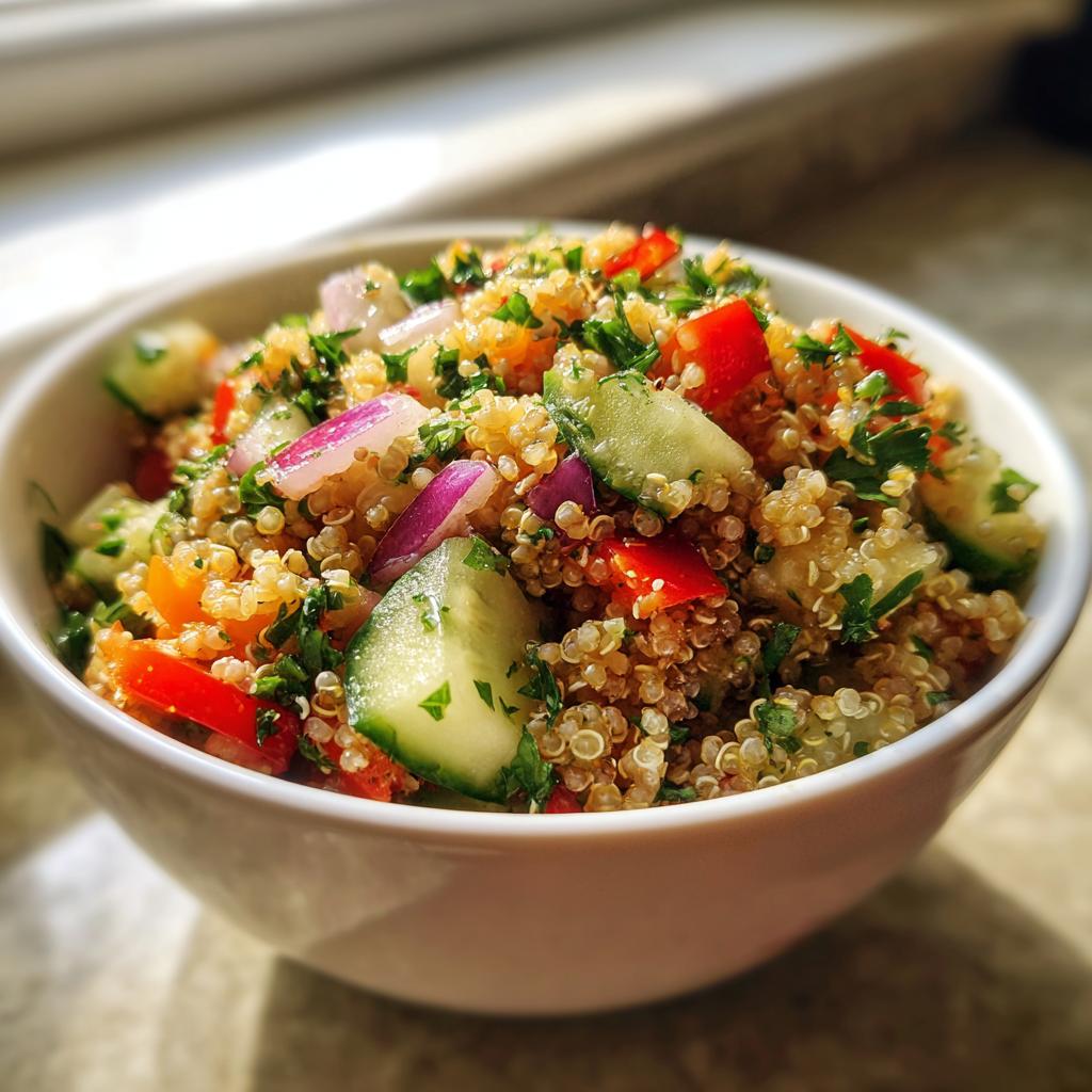 A bowl of vibrant quinoa salad with cucumber, red bell pepper, red onion, and parsley, perfect for healthy meals.