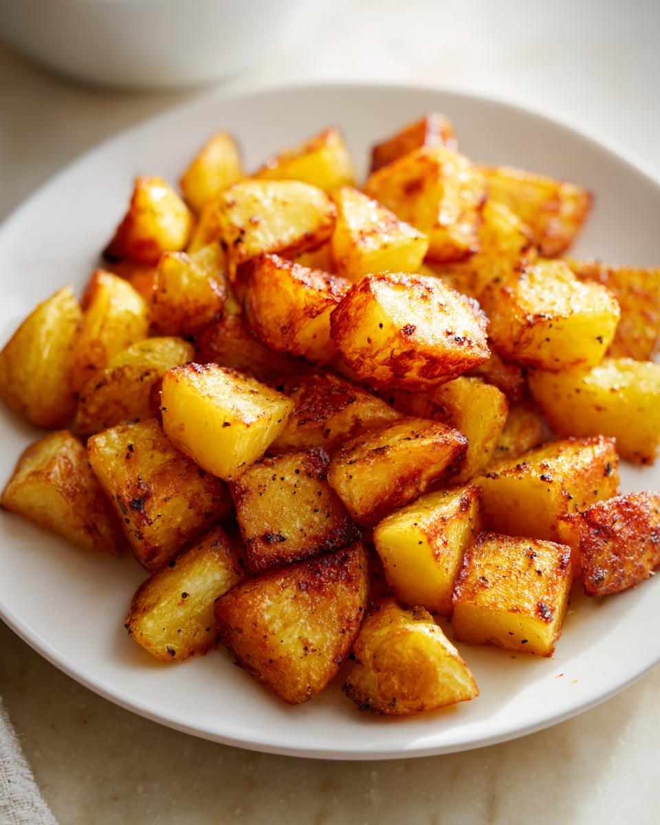 A close-up of a white plate filled with golden-brown roasted potatoes seasoned with black pepper.