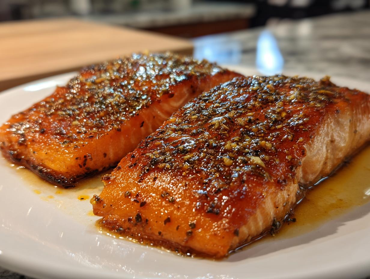 Close-up of two perfectly cooked salmon fillets seasoned with herbs and spices on a white plate.