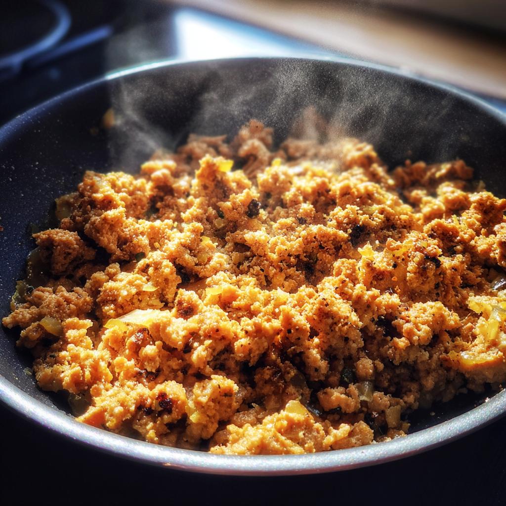 Close-up of sizzling ground turkey cooking in a black skillet with steam rising.
