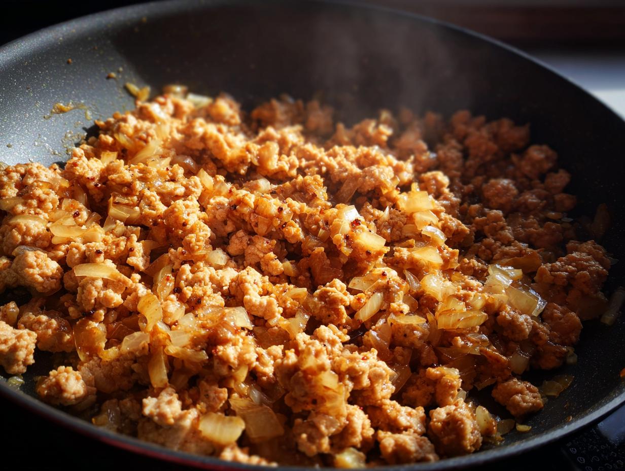 Cooked ground turkey with sautéed onions in a black skillet, steaming and seasoned.