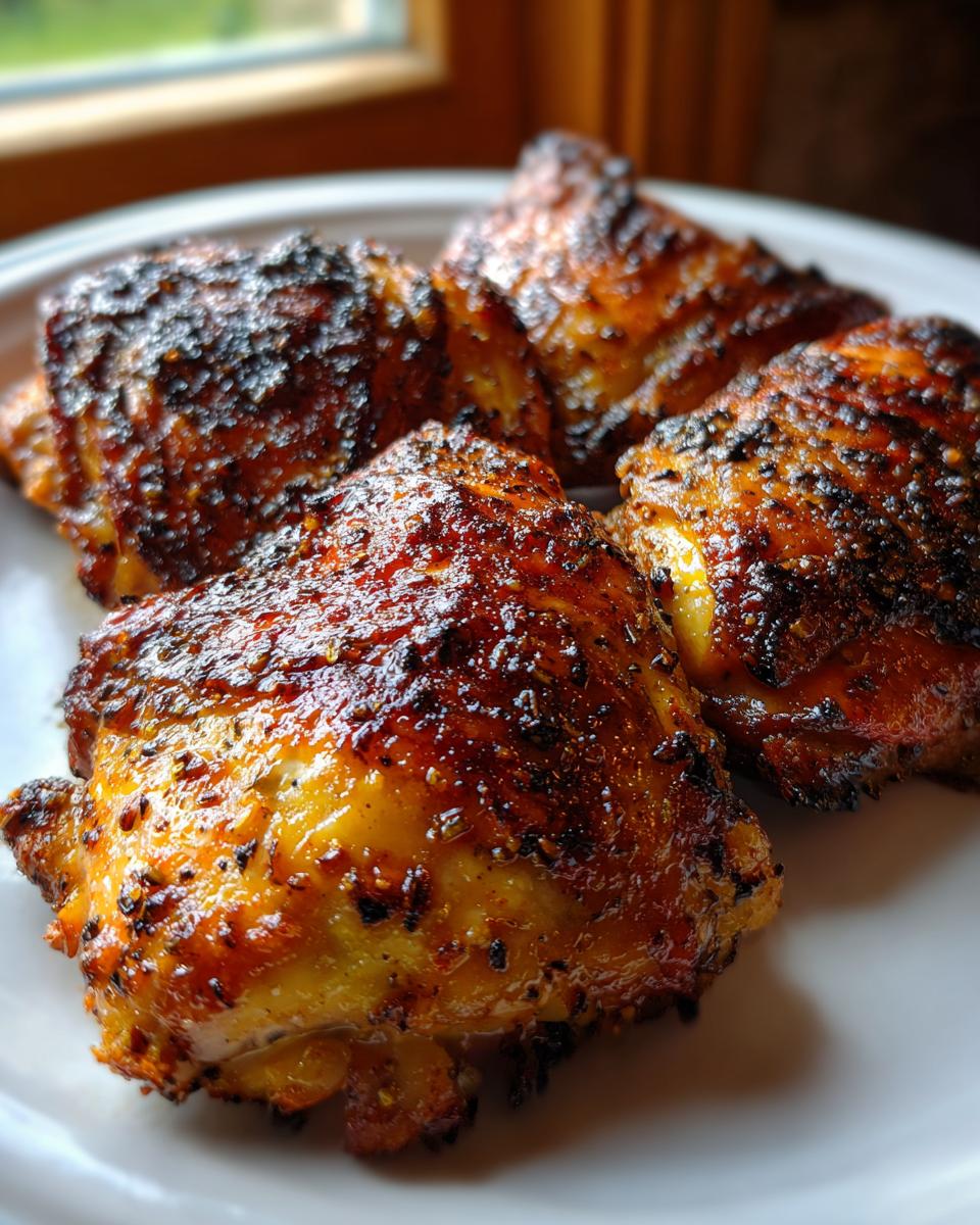 Four golden-brown, seasoned chicken thighs on a white plate, highlighting crispy skin and spices.