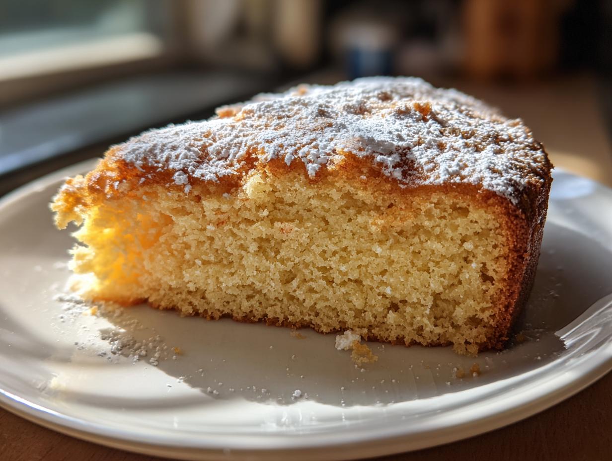 A slice of simple cake dusted with powdered sugar, showcasing a light and airy crumb.