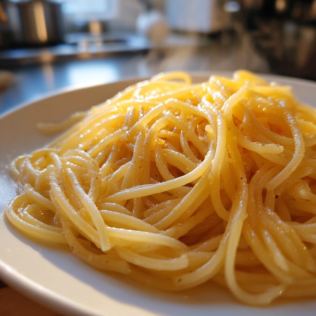 Close-up of plain spaghetti pasta on a white plate with light seasoning