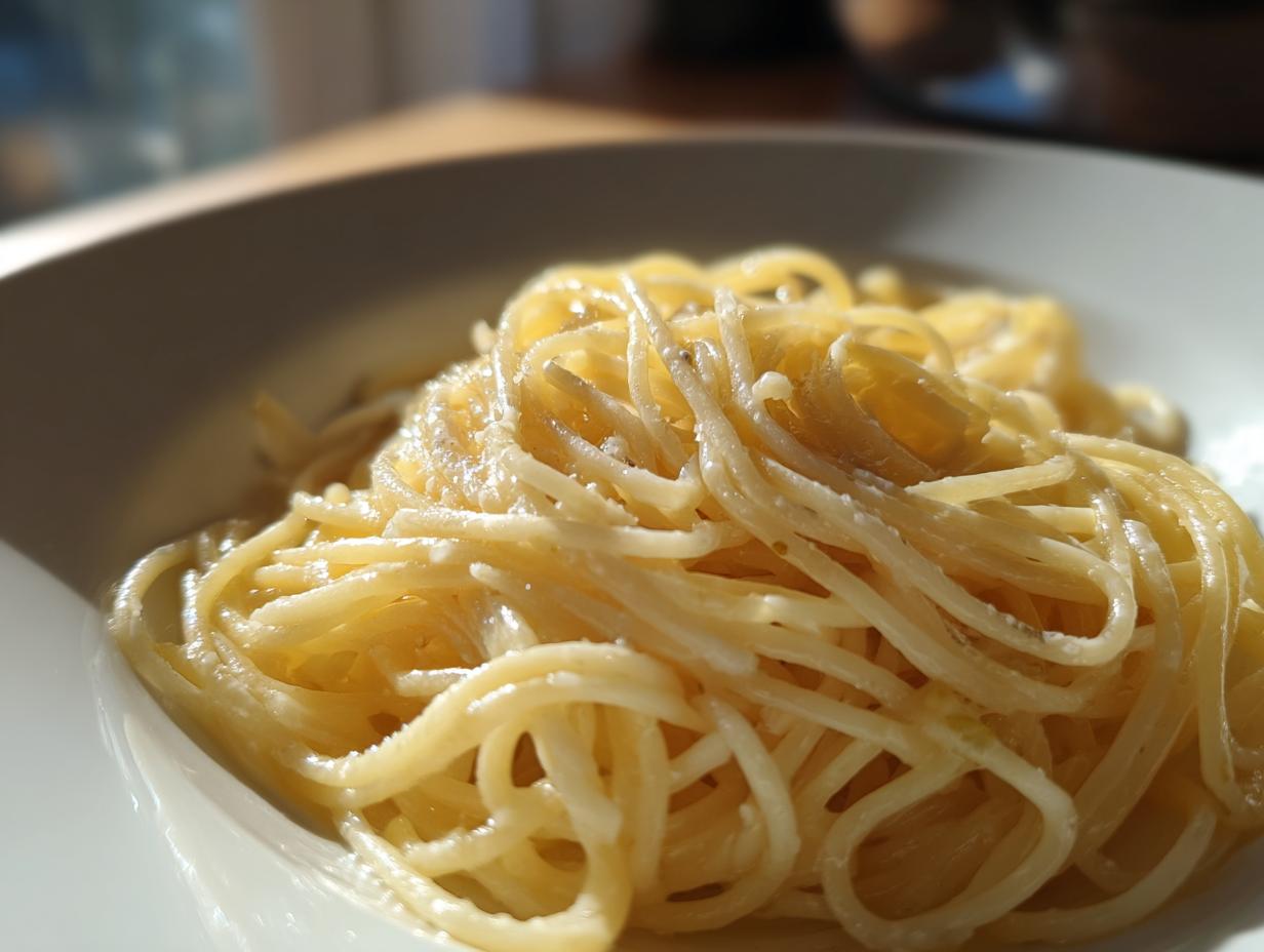 Close-up of a plate of plain spaghetti coated with olive oil, perfect for pasta recipes