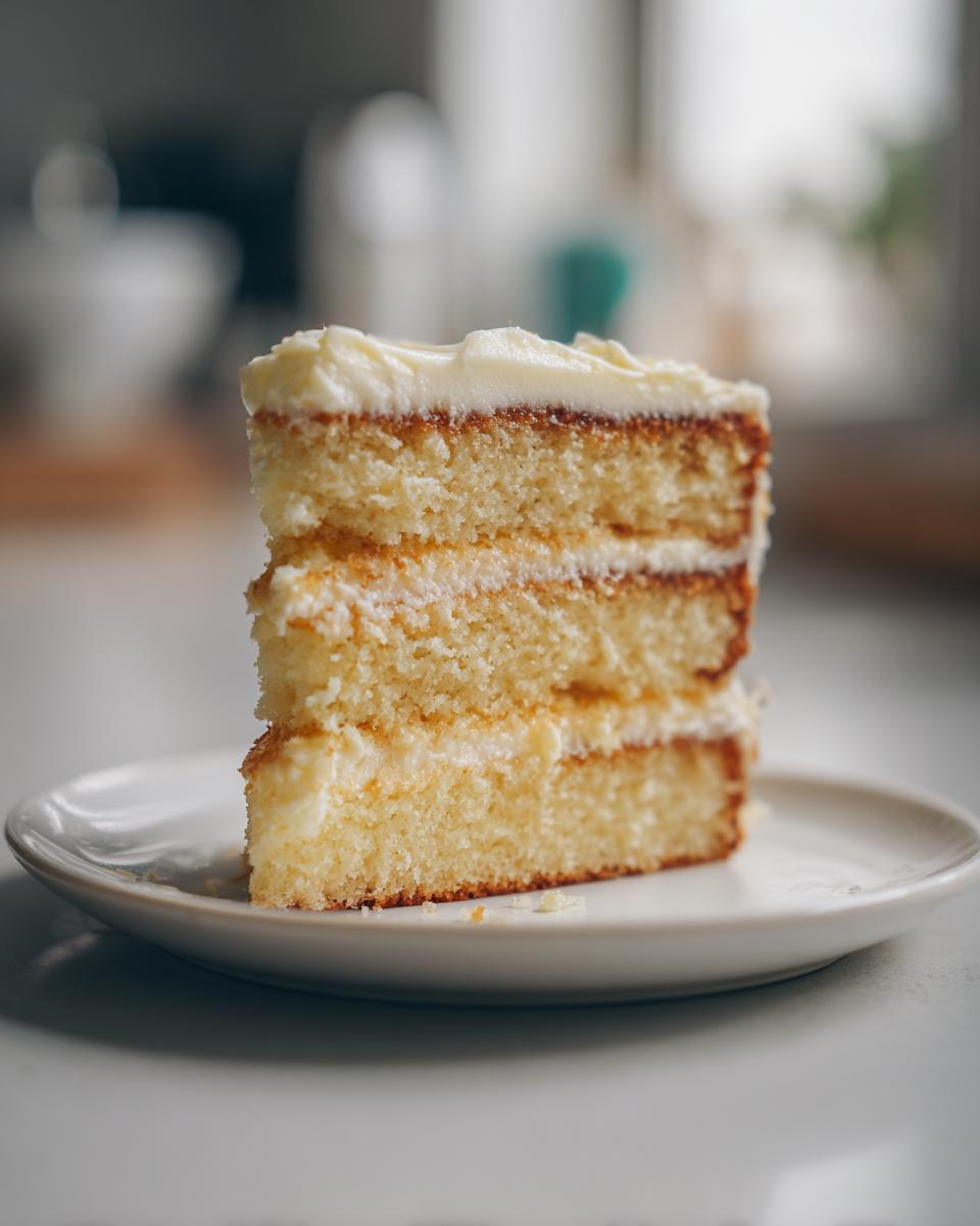 A slice of vanilla cake with creamy frosting on a white plate close up