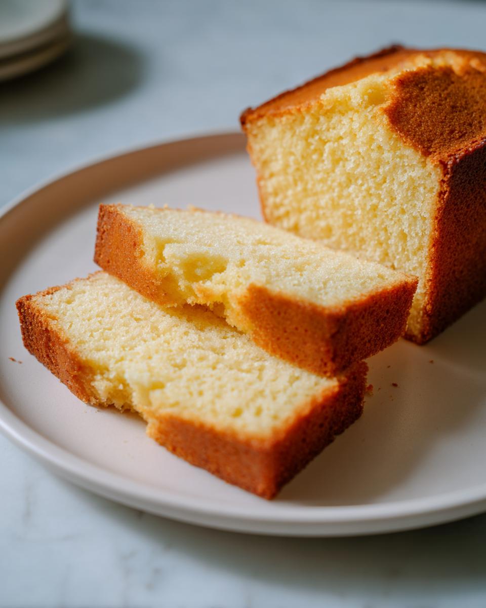Two slices of moist vanilla cake on a plate with a loaf of vanilla cake in the background