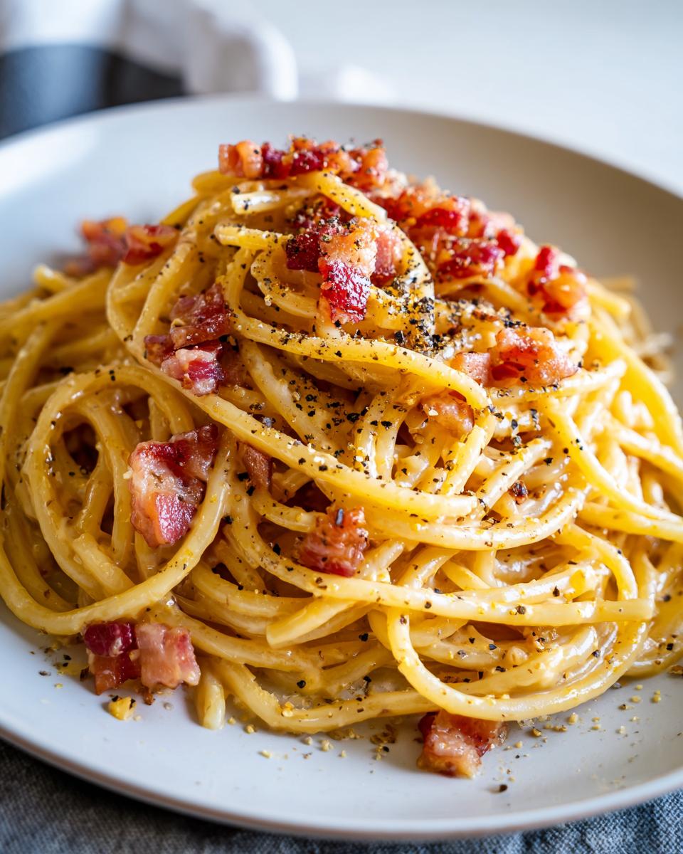 Close-up of spaghetti carbonara with creamy sauce, crispy pancetta, and black pepper on plate.