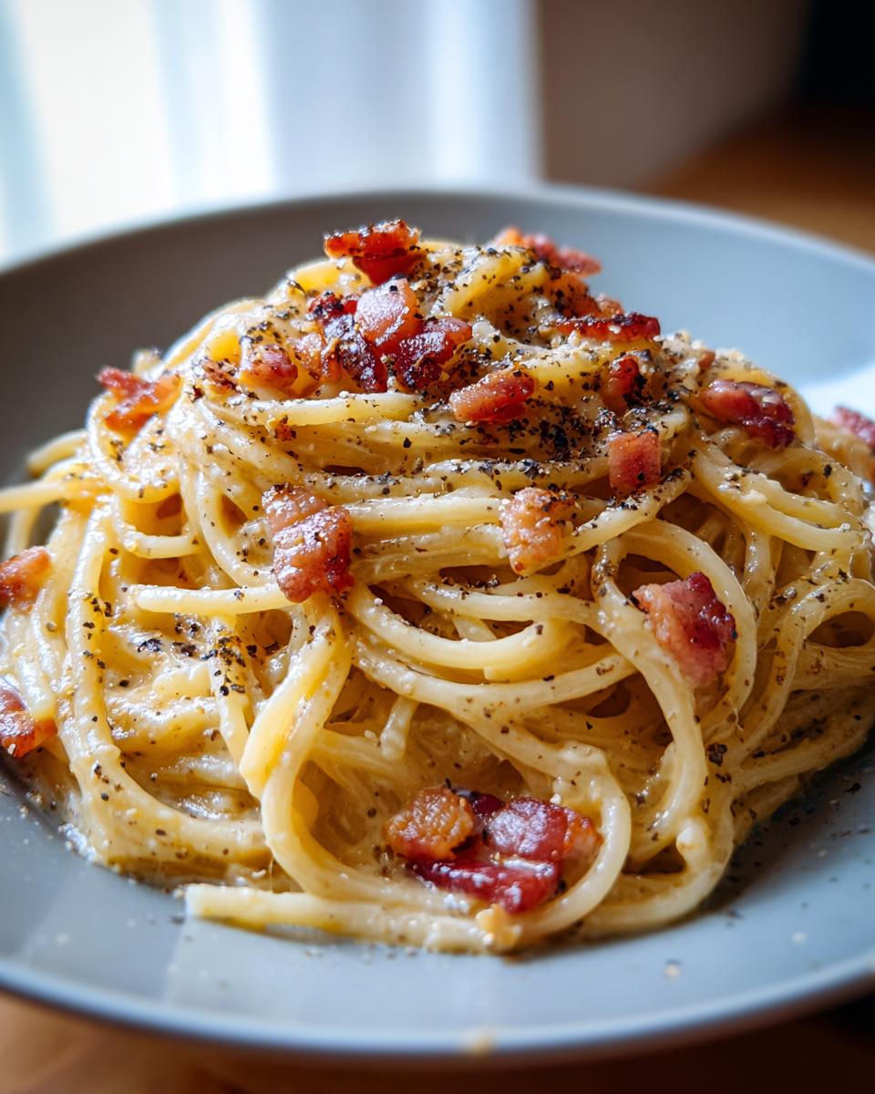 Plate of creamy spaghetti carbonara topped with crispy bacon and black pepper, a popular dinner recipe.