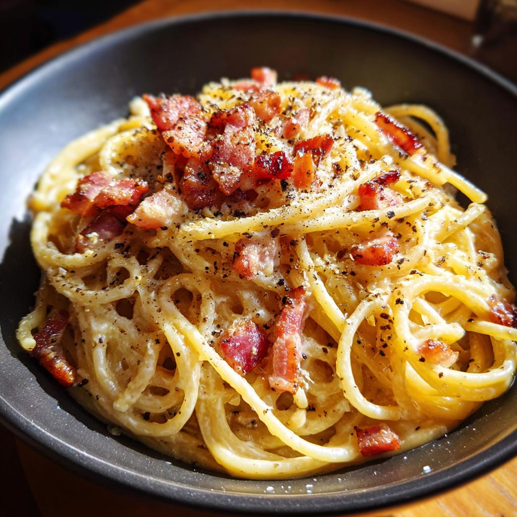 A close-up of a bowl of spaghetti carbonara, topped with crispy bacon and black pepper, perfect for quick dinner recipes.