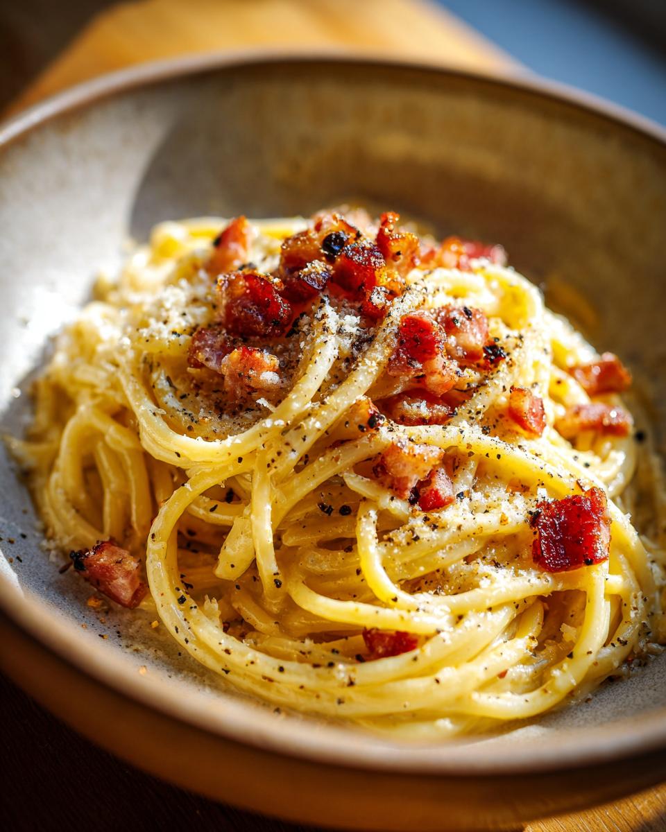 A close-up of a bowl of spaghetti carbonara, a classic Italian dinner recipe, topped with crispy pancetta and black pepper.