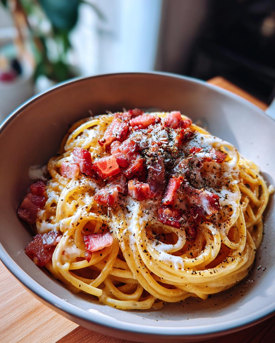 A close-up of a bowl of spaghetti carbonara, a classic Italian dinner recipe, topped with crispy pancetta and grated cheese.