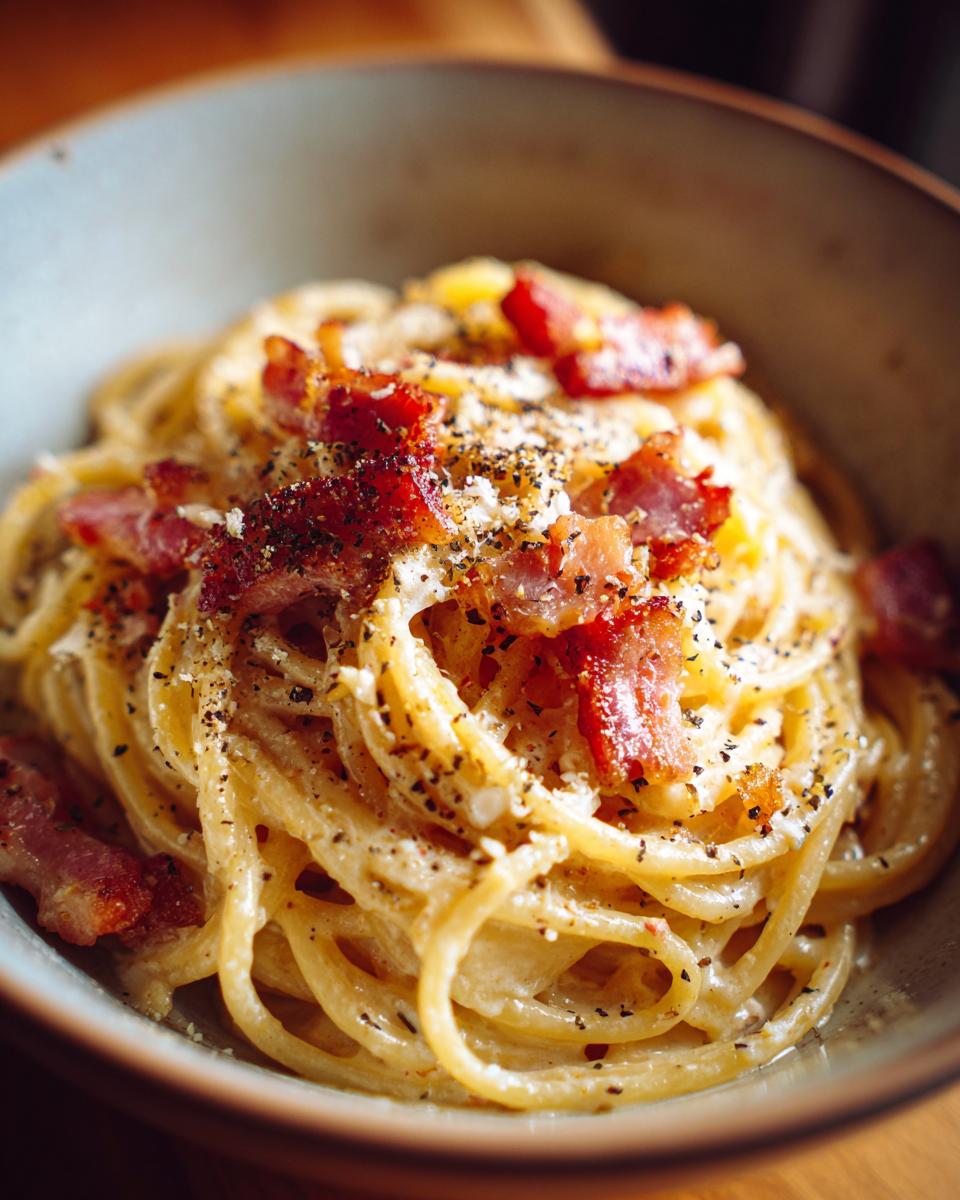 A bowl of creamy Spaghetti Carbonara topped with crispy bacon and black pepper, perfect for dinner recipes.