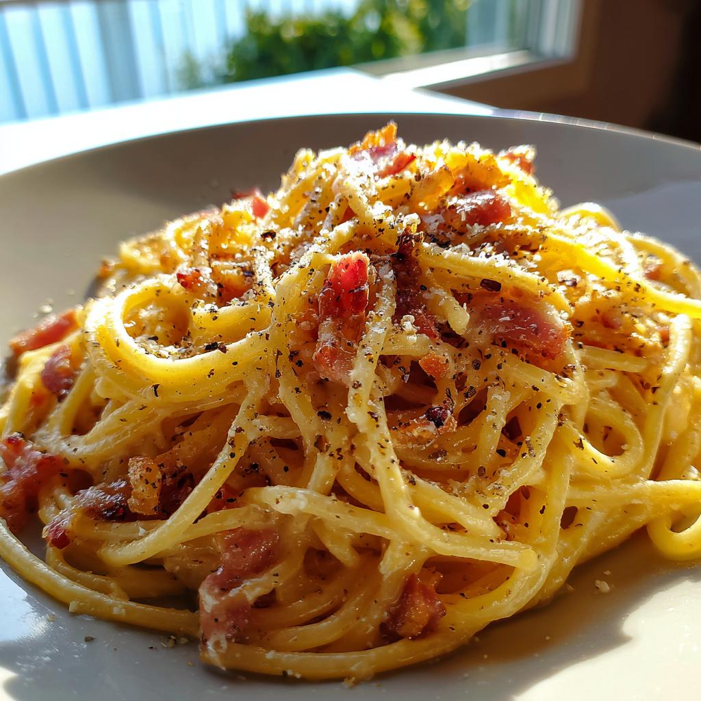 Close-up of creamy spaghetti carbonara with bacon and black pepper in a white bowl