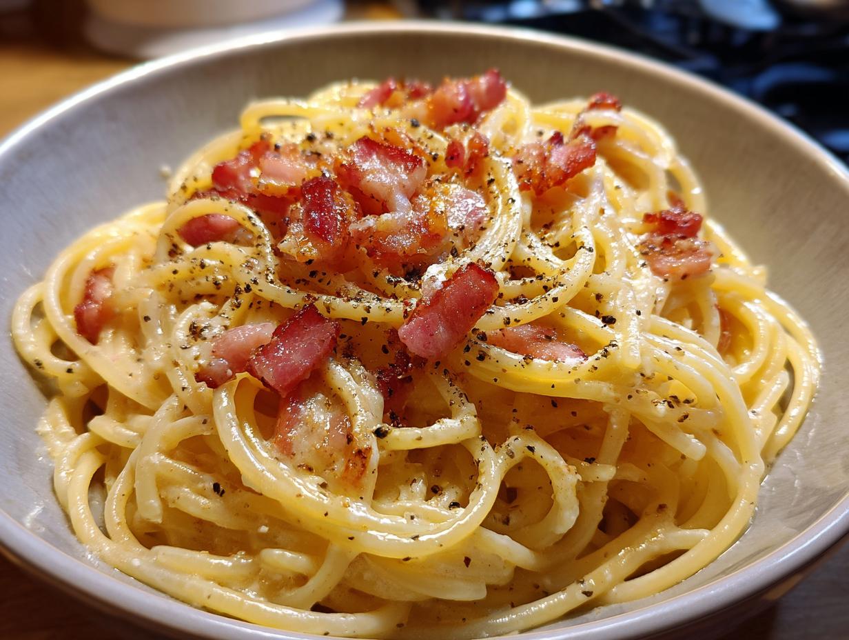 A close-up of a bowl of spaghetti carbonara, topped with crispy pancetta and black pepper, perfect for dinner recipes.