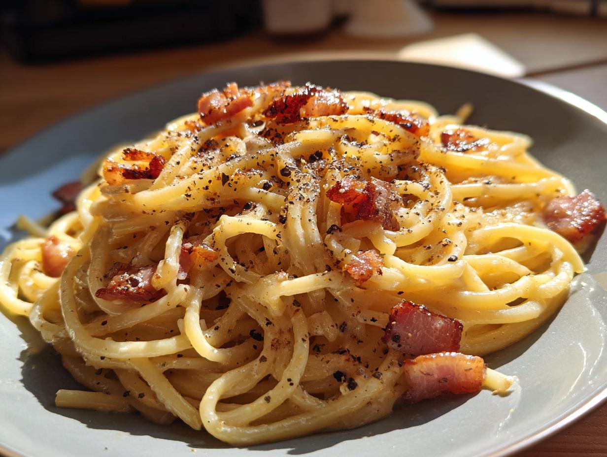 Plate of creamy spaghetti carbonara with crispy bacon and cracked black pepper, a classic dinner recipe