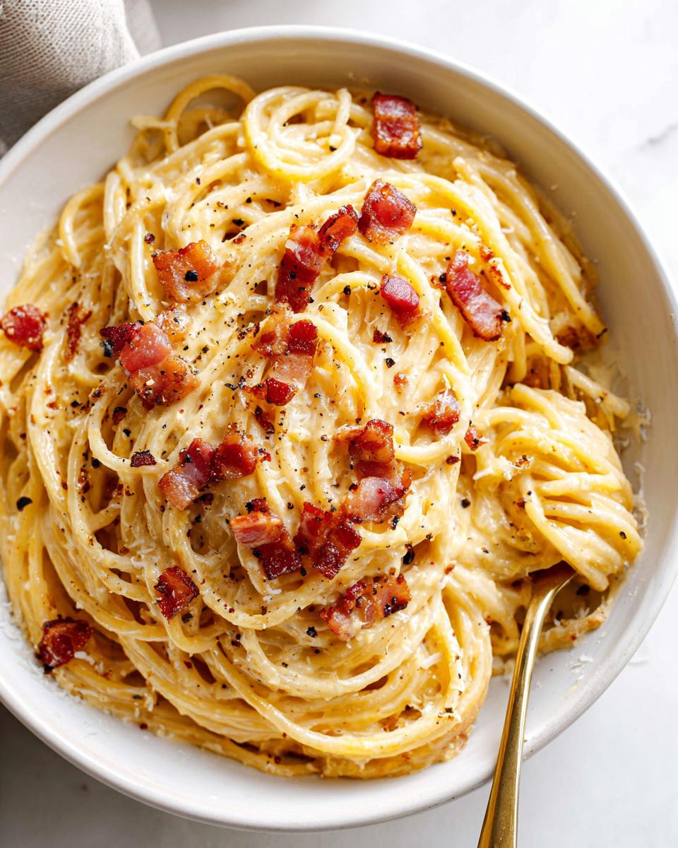 Close-up of a bowl of spaghetti carbonara, topped with crispy pancetta and black pepper. A fork is lifting a portion.