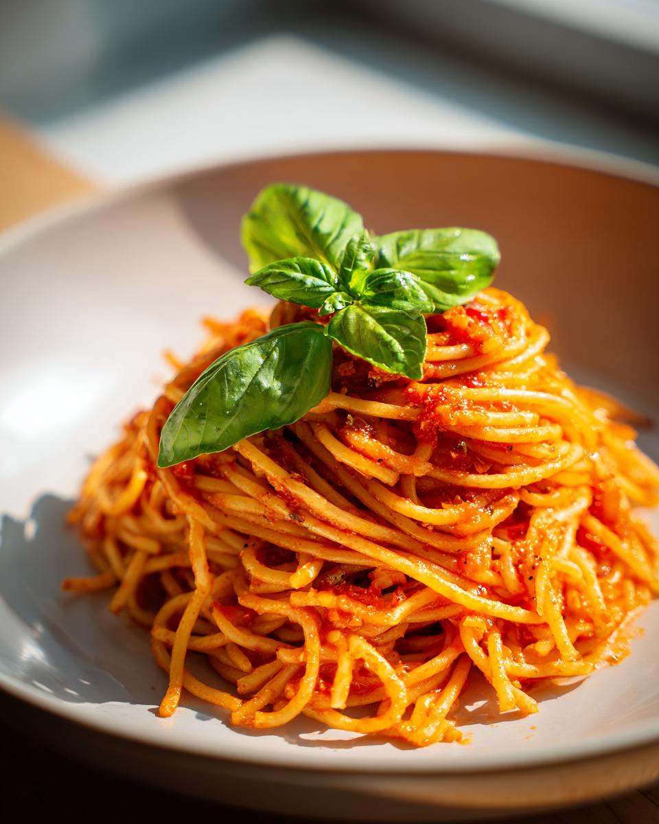 Plate of spaghetti pasta with tomato sauce topped with fresh basil leaves.
