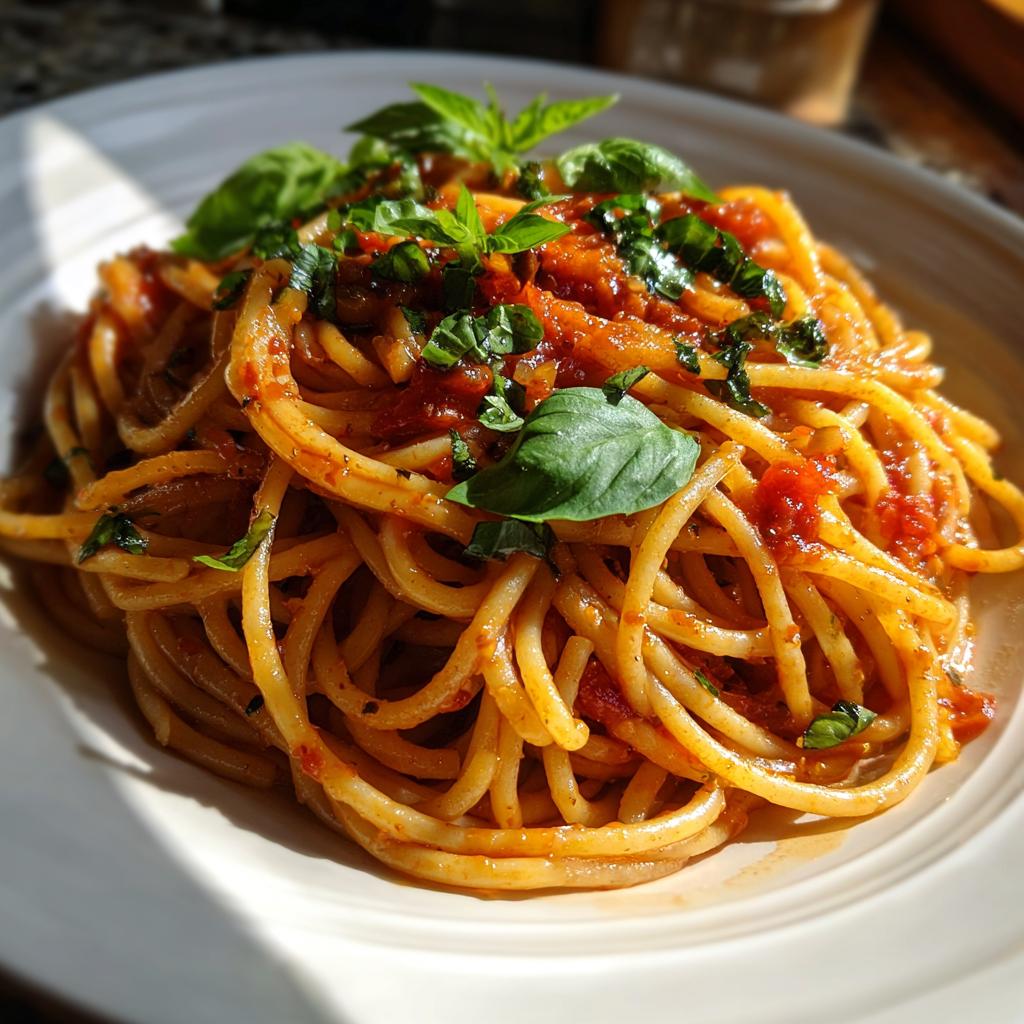 Plate of spaghetti with tomato sauce and fresh basil, a quick pasta dinner ideas meal.