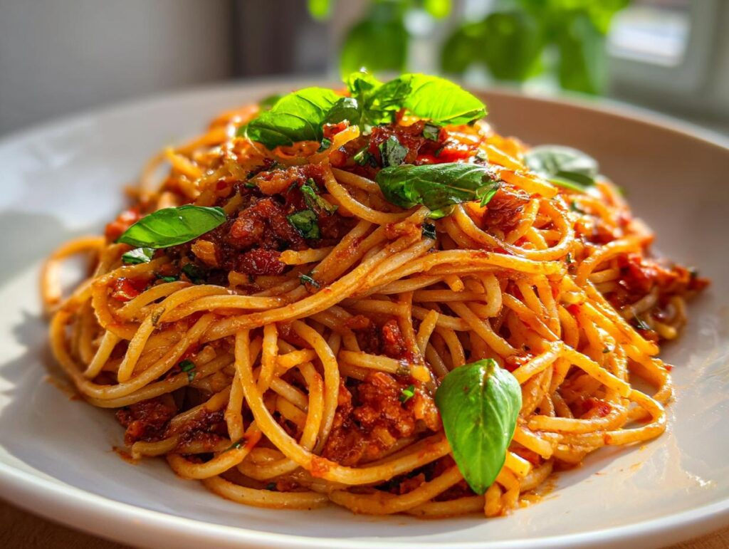 Plate of spaghetti with tomato sauce and fresh basil leaves, perfect pasta dinner ideas.