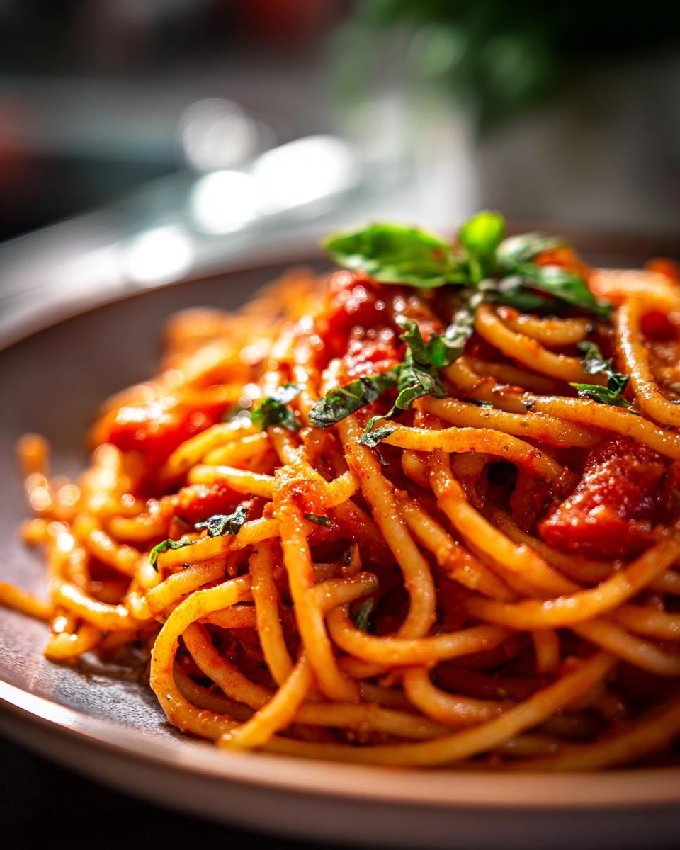 Close-up of a plate of spaghetti with a rich tomato sauce and fresh basil, perfect for a quick pasta dinner.