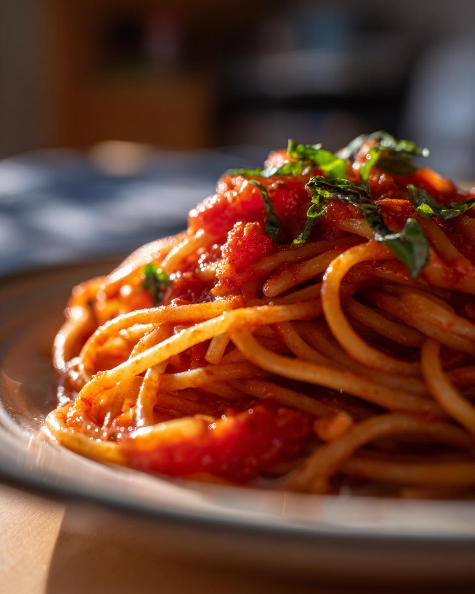 Close-up of spaghetti pasta tossed in a rich tomato sauce and garnished with fresh basil, perfect for pasta dinner ideas.