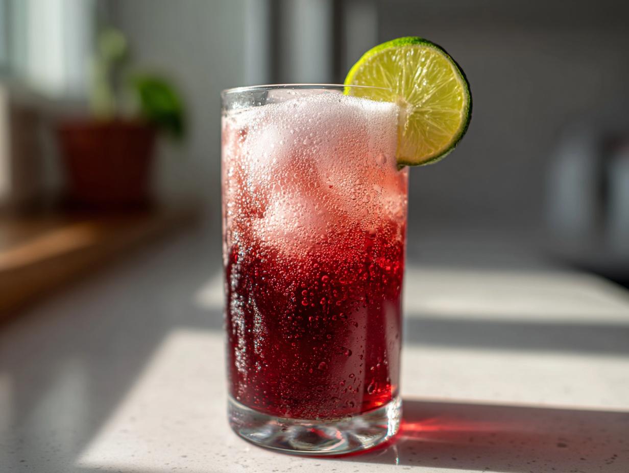 A tall glass filled with a sparkling red NYE cocktail, topped with foam and garnished with a lime slice.