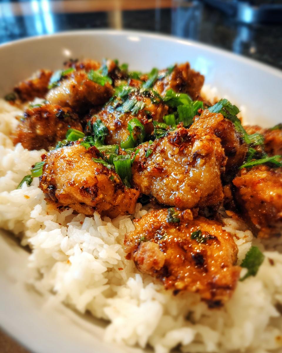 Close-up of a bowl of fluffy white rice topped with glazed, spicy chicken pieces and chopped green onions.
