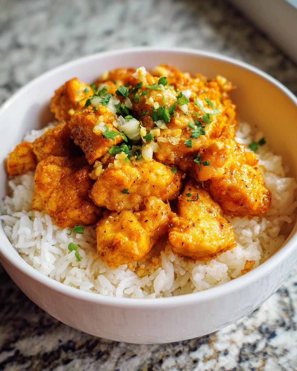 Bowl of fluffy white rice topped with spicy chicken pieces garnished with chopped herbs.