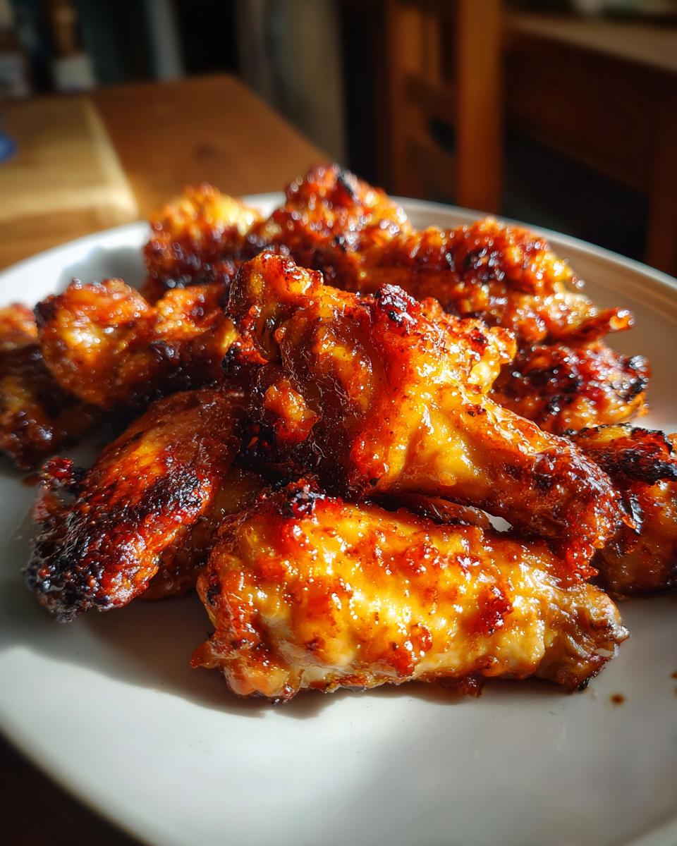 Close-up of a plate piled high with glistening, spicy chicken wings, perfect for New Years food ideas.