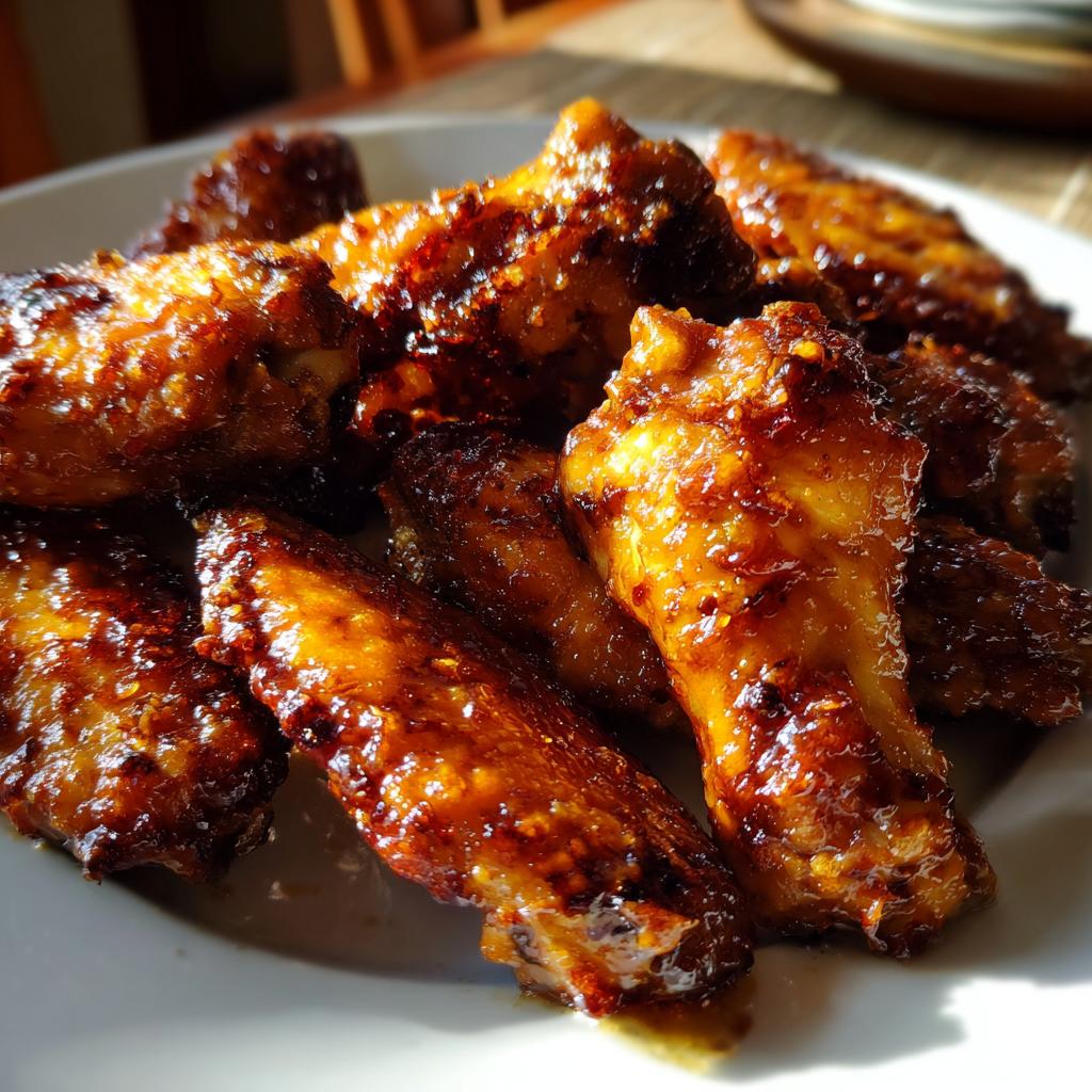 Close-up of glistening, spicy chicken wings, a perfect addition to your new years food ideas.