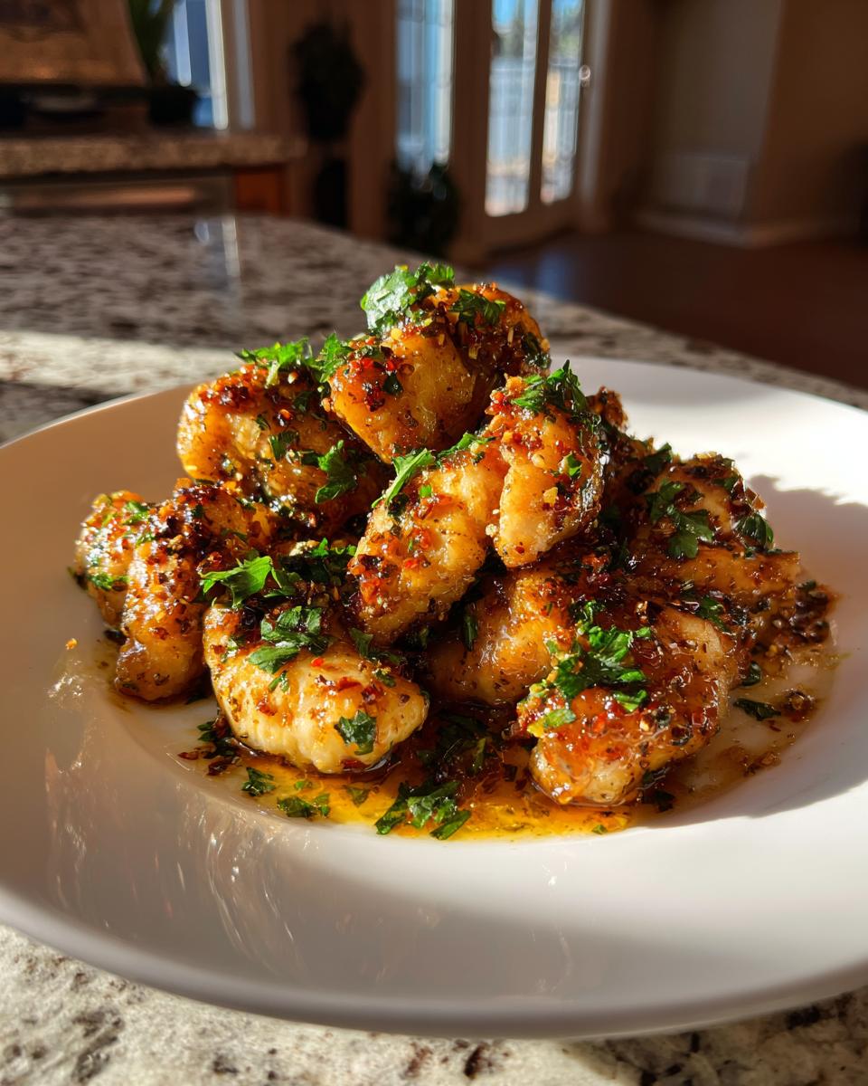 A plate of golden-brown, glazed chicken bites topped with chopped parsley and chili flakes, perfect for chicken recipes for dinner.