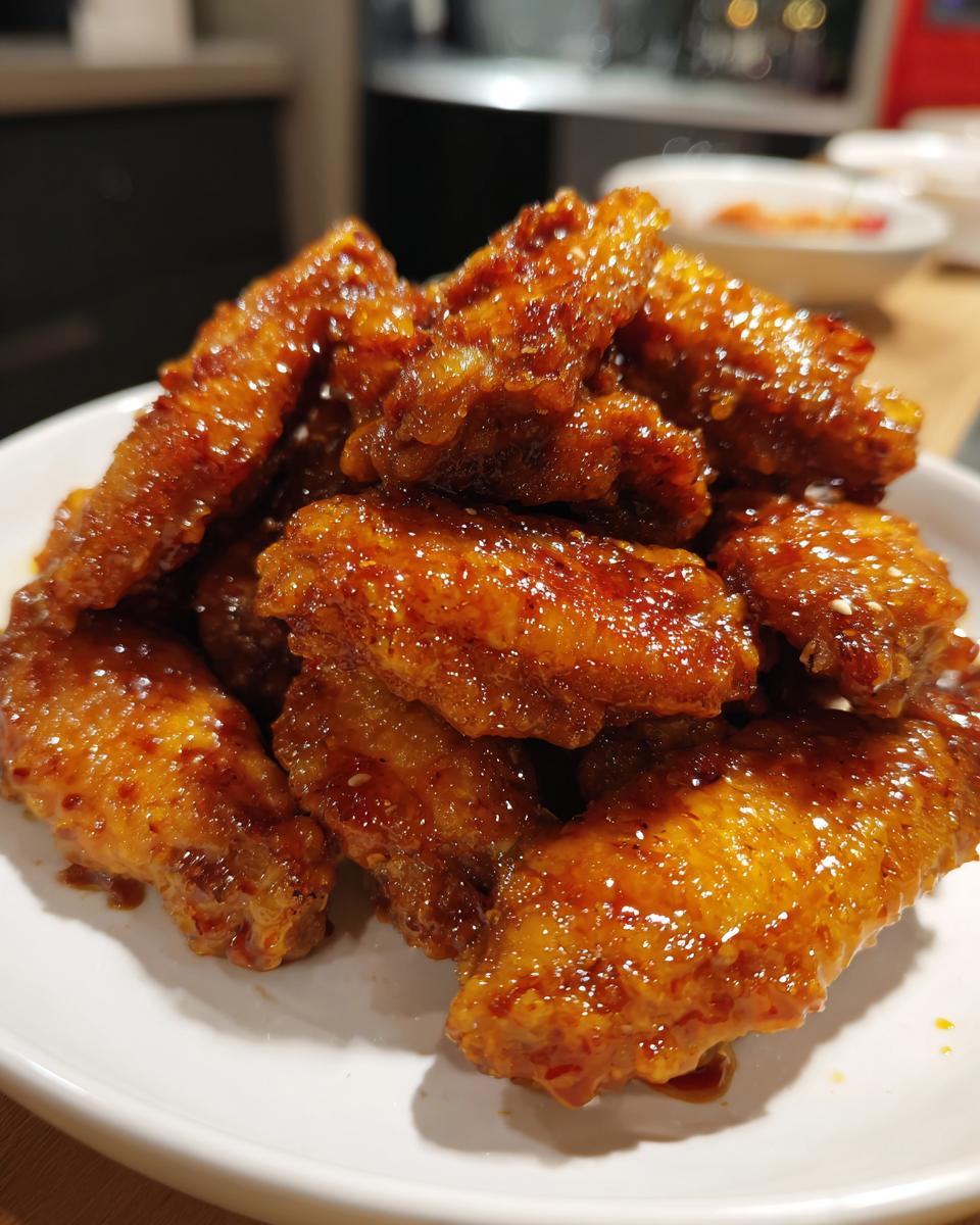A close-up of a pile of glossy, spicy glazed chicken wings, perfect for new years food ideas.