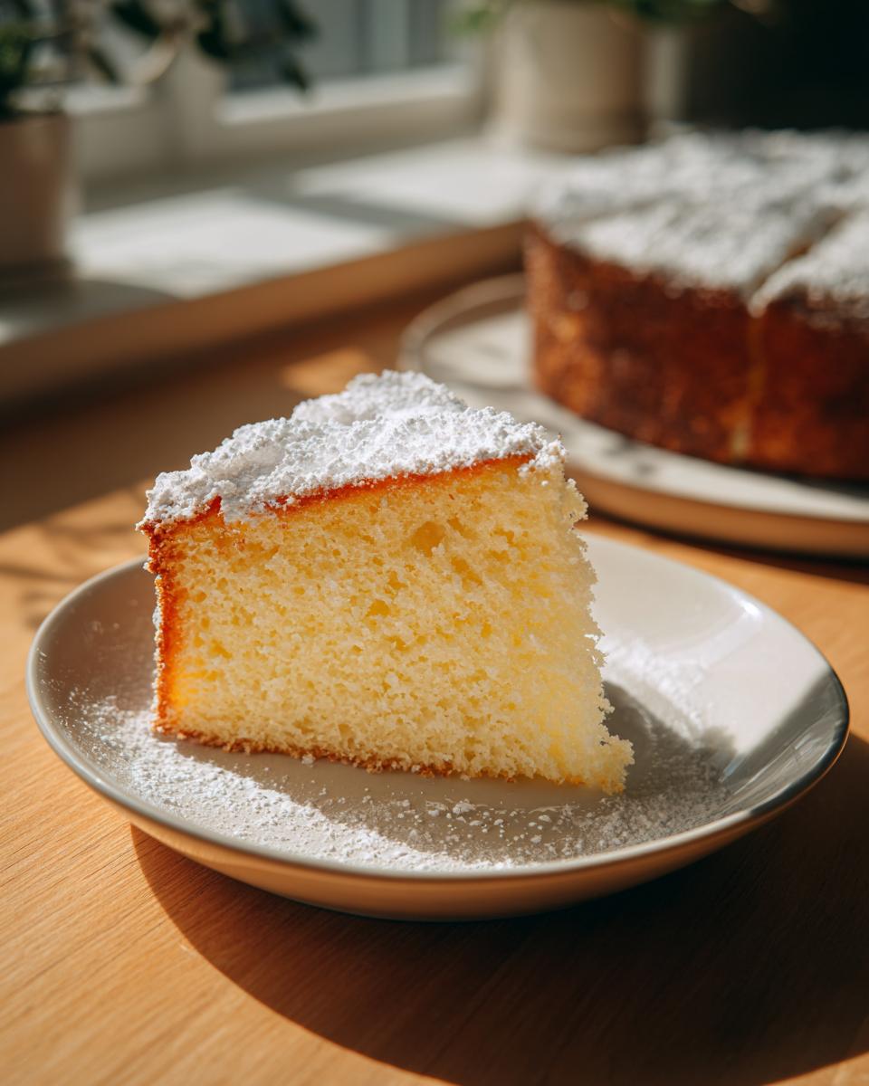 A slice of fluffy sponge cake dusted with powdered sugar, showcasing one of the best cake ideas.