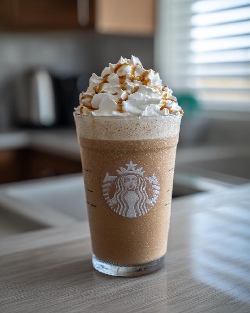 A close-up of a homemade Starbucks drink, a caramel frappuccino with whipped cream and caramel drizzle.