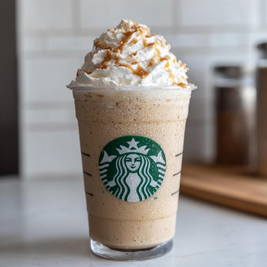 A refreshing homemade Starbucks drink, a caramel frappuccino topped with whipped cream and caramel drizzle.