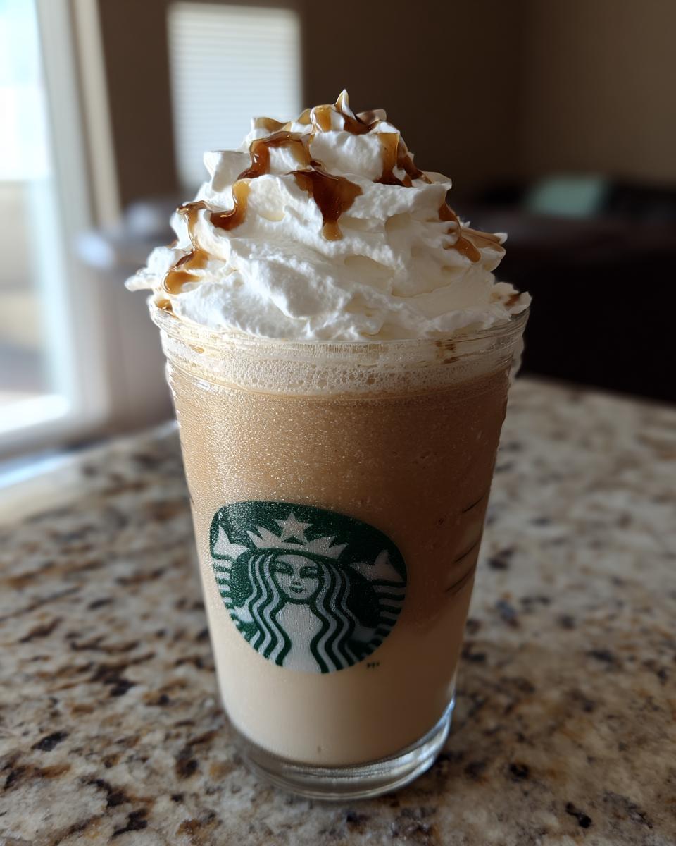 Close-up of a homemade Starbucks caramel frappuccino topped with whipped cream and caramel drizzle.