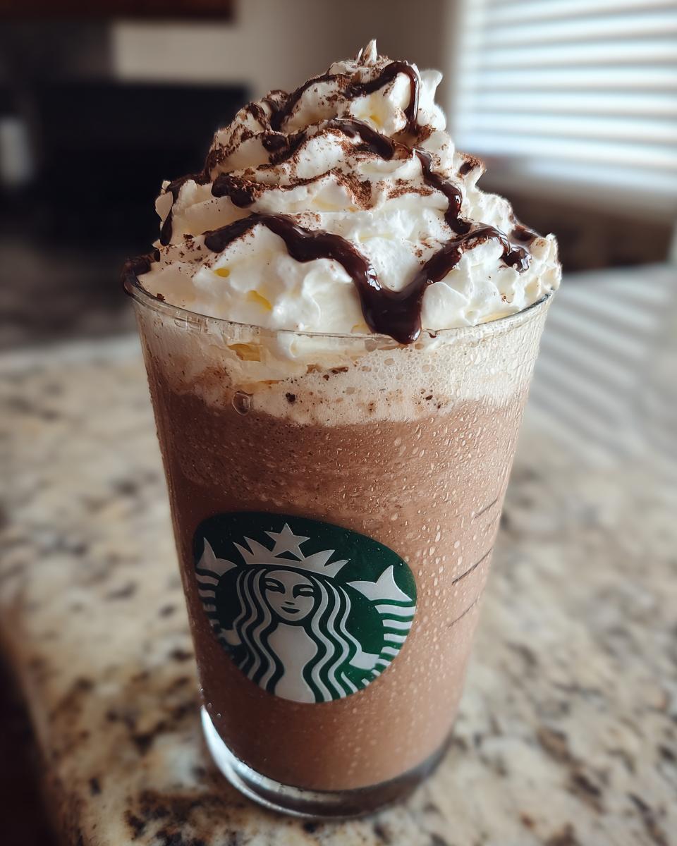 A close-up of a homemade Starbucks mocha frappuccino topped with whipped cream, chocolate drizzle, and cocoa powder.