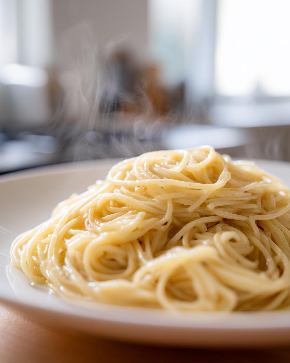 Close-up of steaming simple pasta on a white plate, showcasing a light, glossy sauce.