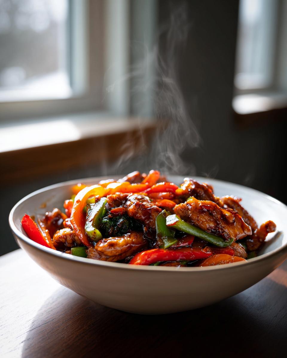 Bowl of steaming stir-fried chicken with colorful bell peppers and broccoli, easy dinner recipes