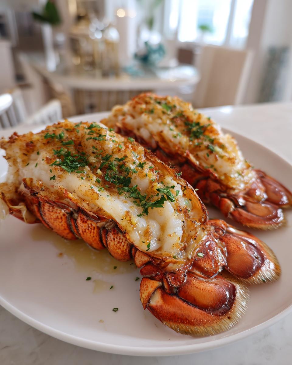 Two succulent lobster tails, baked to perfection and sprinkled with fresh parsley, served on a white plate.