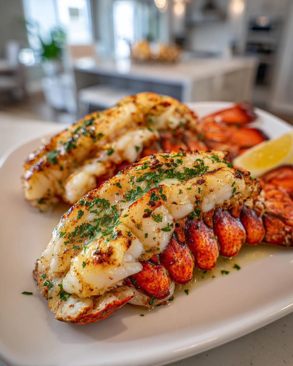 Close-up of two perfectly cooked lobster tails, seasoned with herbs and lemon, on a white plate.