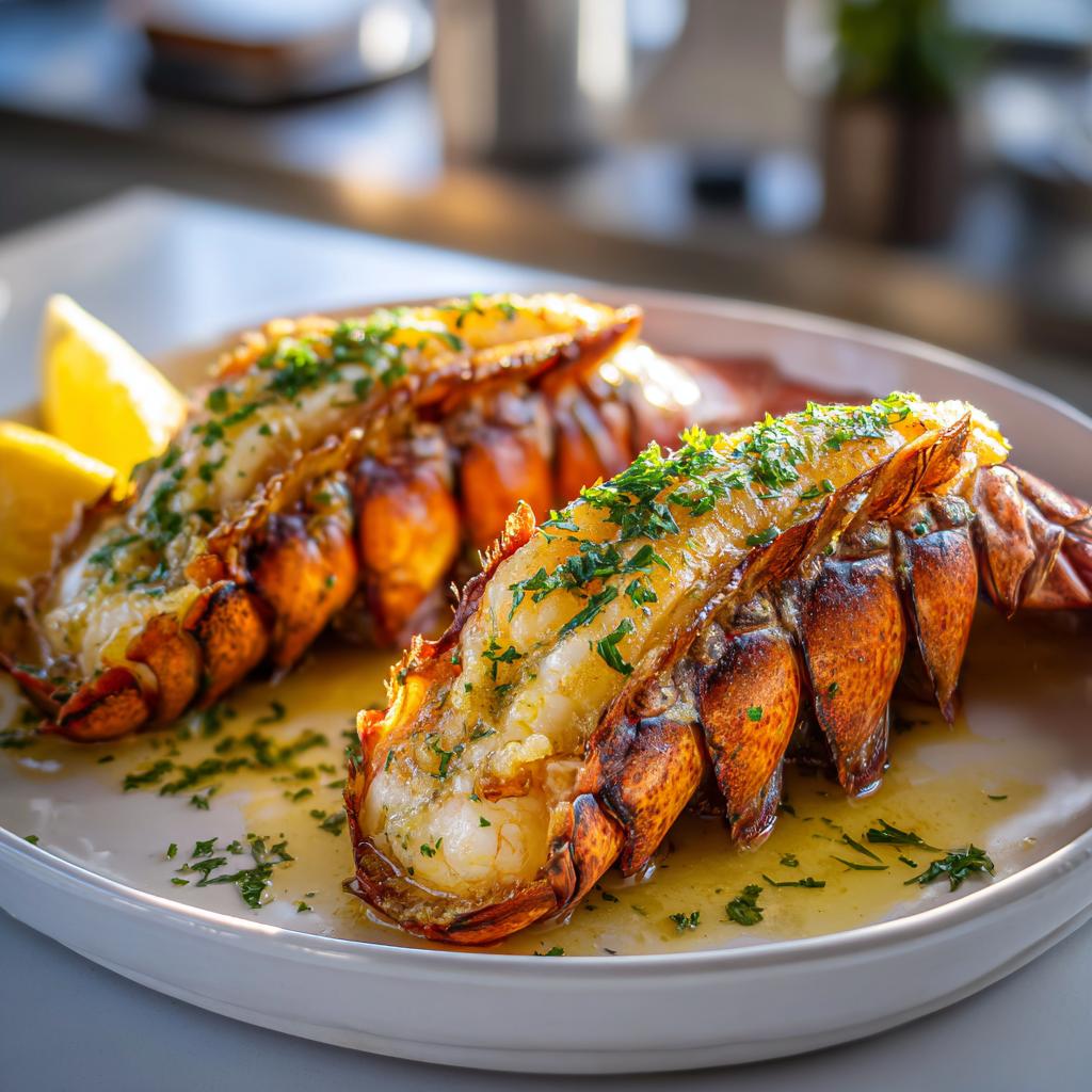 Two perfectly cooked lobster tails, glistening with butter and topped with fresh parsley, served with lemon wedges.