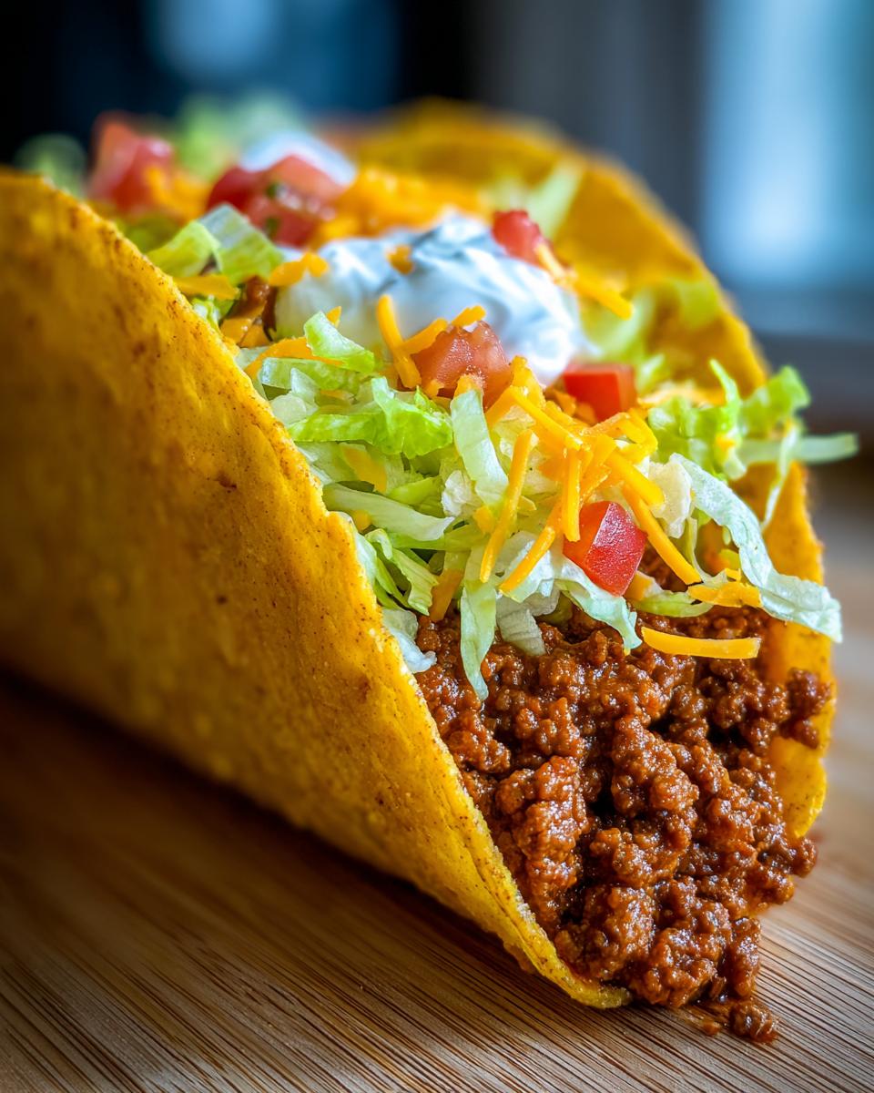 Close-up of a ground beef taco with lettuce, cheese, tomatoes, and sour cream in a crunchy shell.