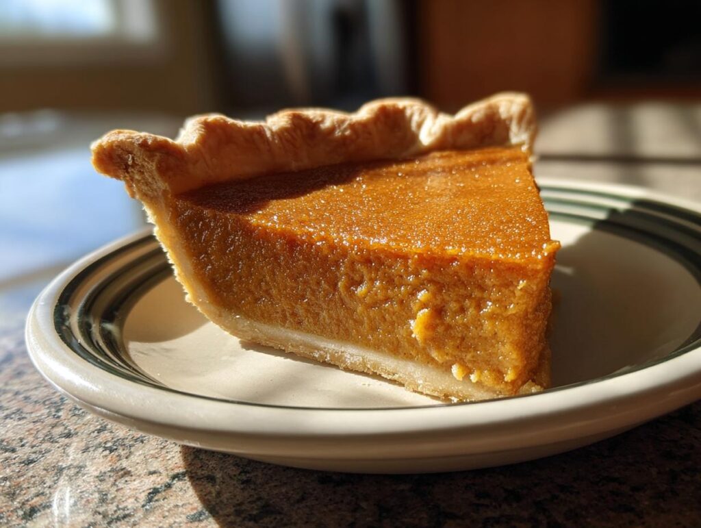 A perfect slice of classic pumpkin pie, a quintessential Thanksgiving dessert, served on a plate.
